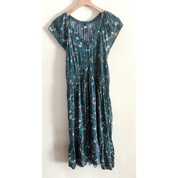 Waist-Defined Flutter-Sleeve Smocked Floral Midi Dress Green XL Tiered Old Navy - Picture 1 of 3